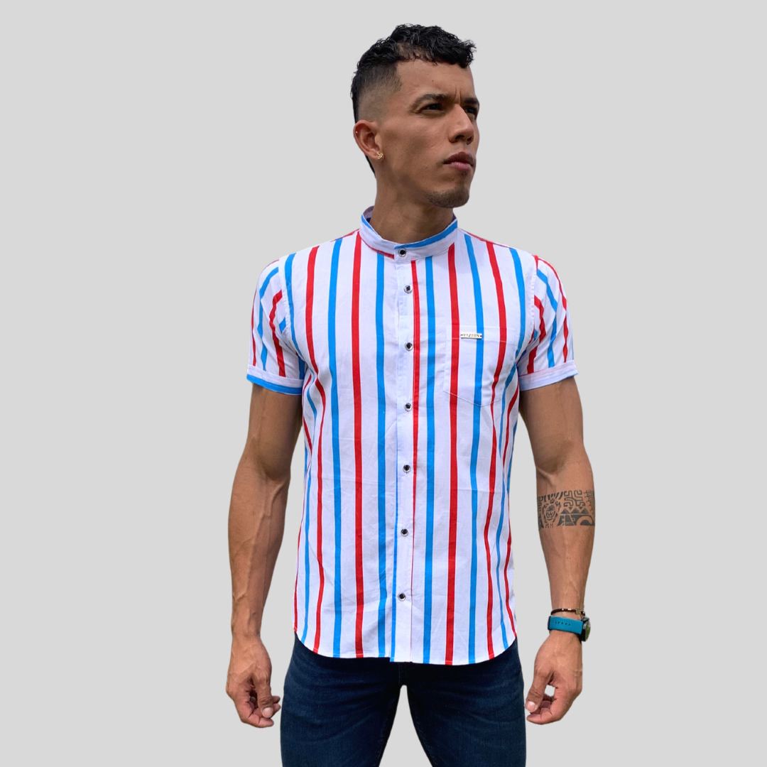 CAMISA MANGA CORTA RALLAS ROJO Y AZUL