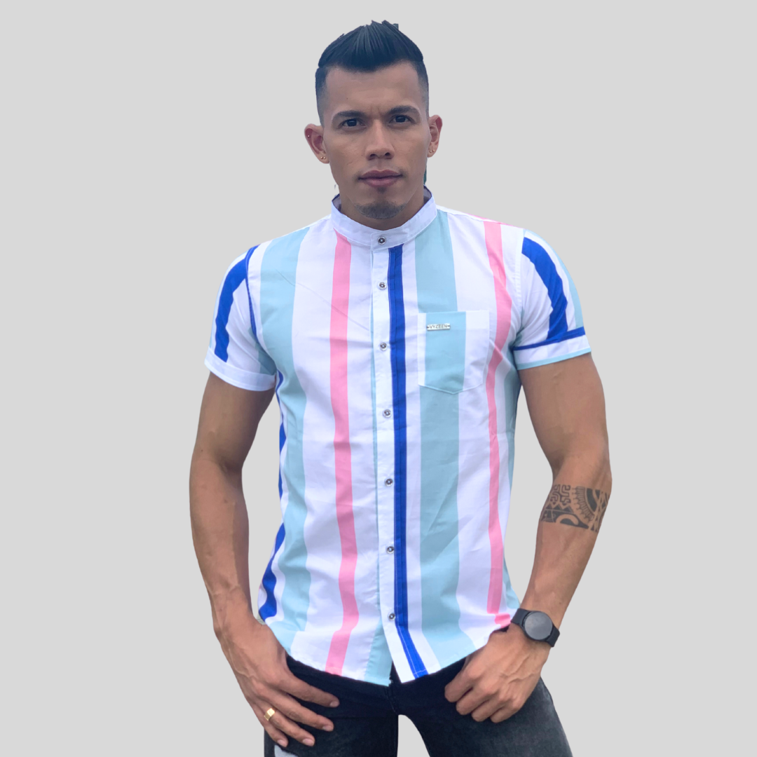 CAMISA MANGA CORTA RALLAS GRIS Y ROSADO